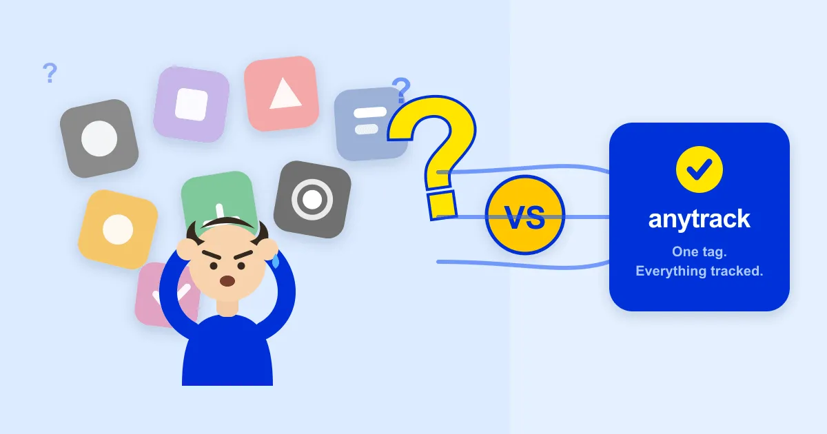 A confused marketer comparing many tracking tools versus AnyTrack