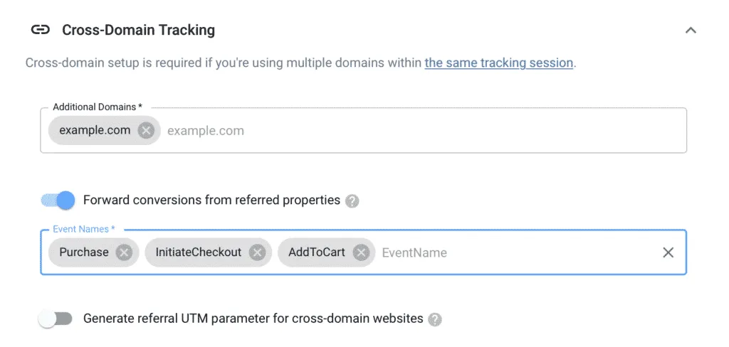 Screenshot showing the cross domain tracking options and settings in AnyTrack dashboard.